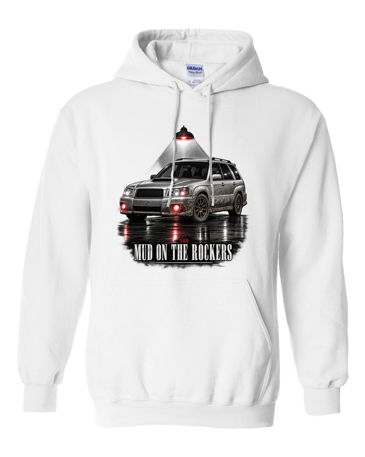 Garage night print for the Subaru Forester SG9 reading Mud on the Rockers white pull over hoodie front view with the design