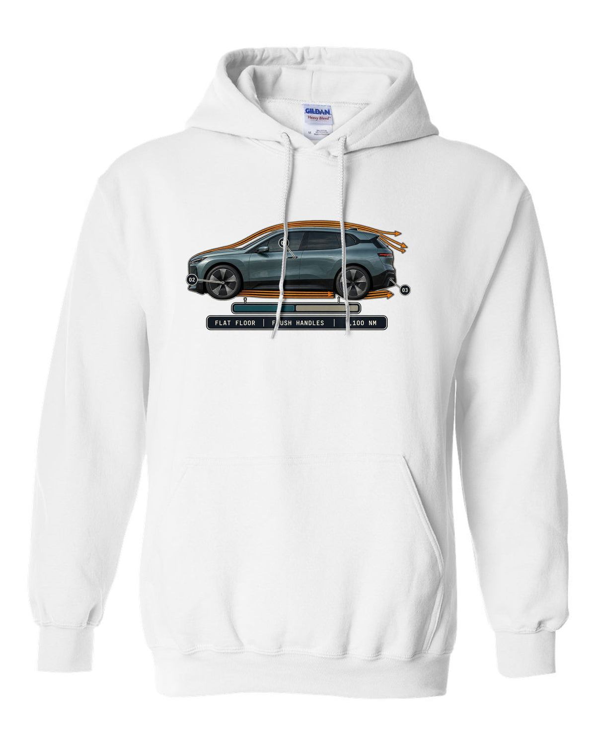 Aero cutaway callout print of the BMW iX M60 I20 with flush handles and flat floor white pull over hoodie front view with the design