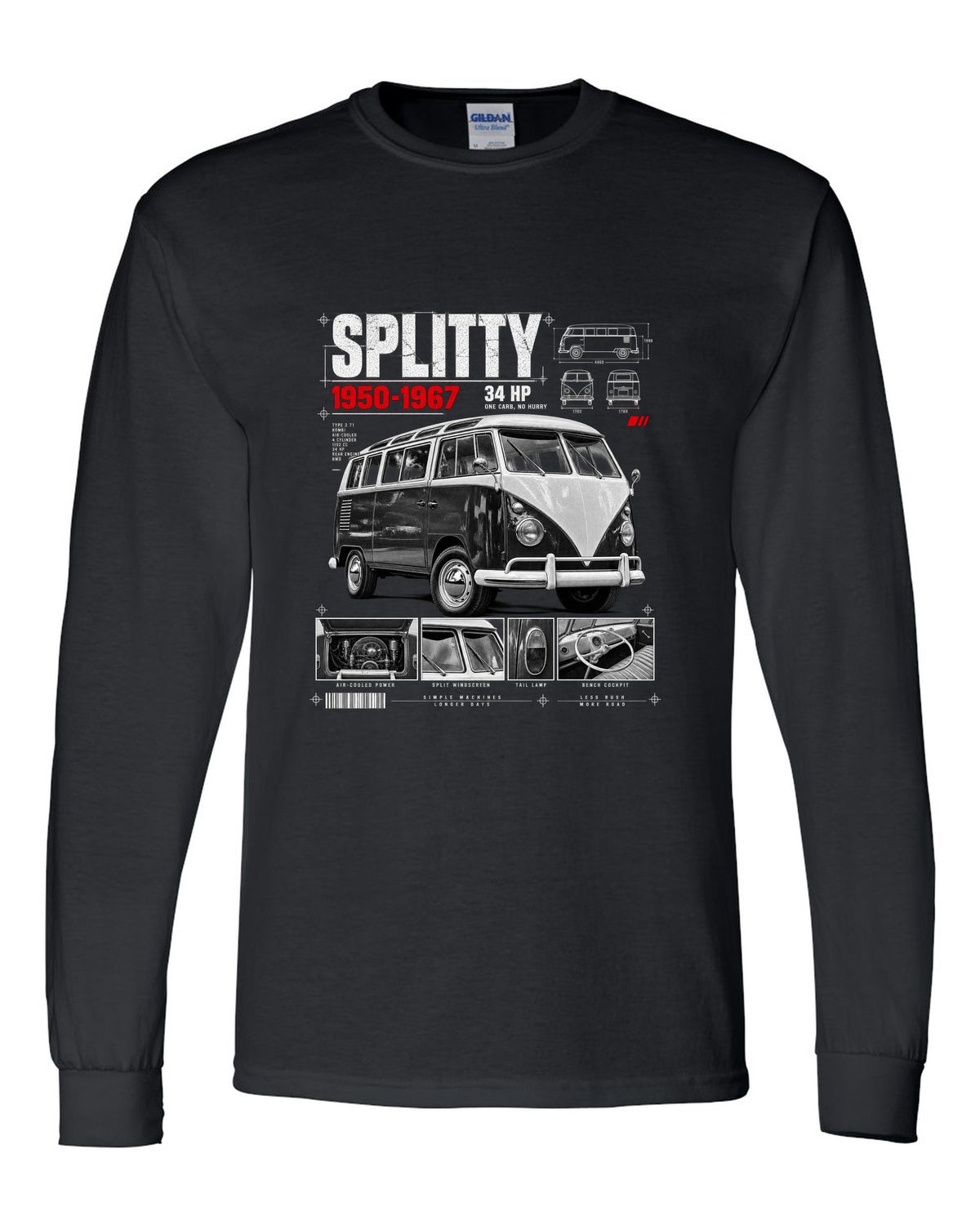 Dossier panel print of a 1962 VW T1 split-window Kombi with spec text black long sleeve front view with the design