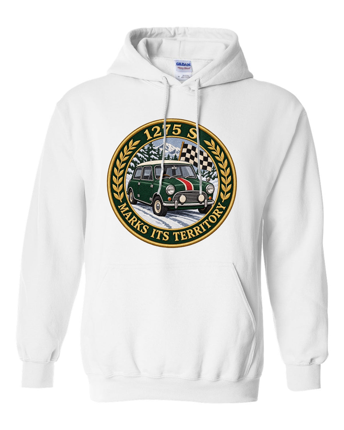 Embroidery style varsity crest for a Mini Cooper S Mk1 with 1275 S marks its territory white pull over hoodie front view with the design