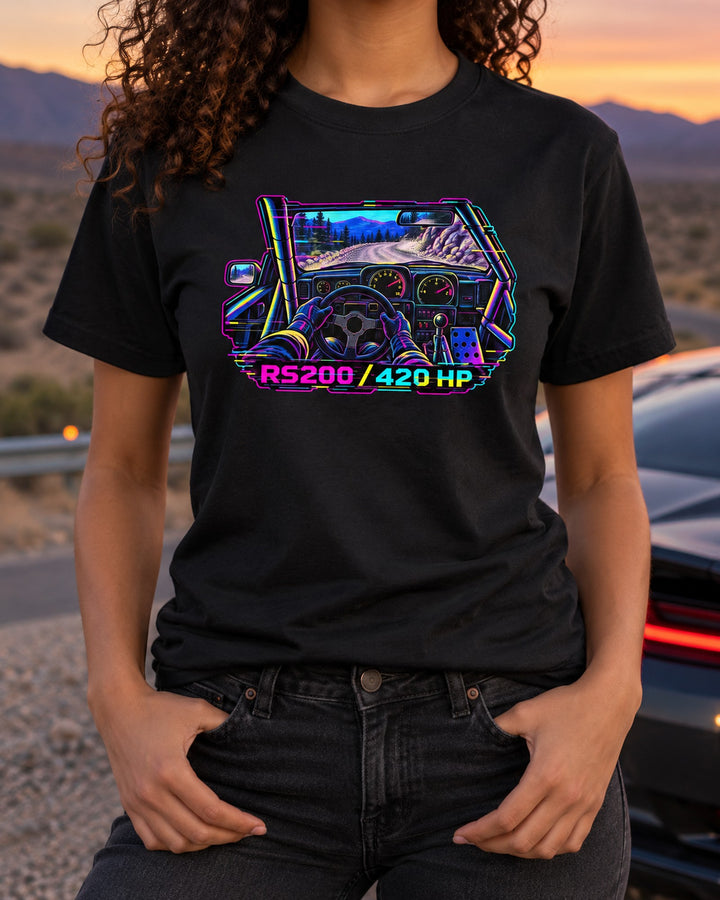 Ford RS200 Boost Cockpit VHS Glitch Retro Car Shirt T-Shirt Black worn hero