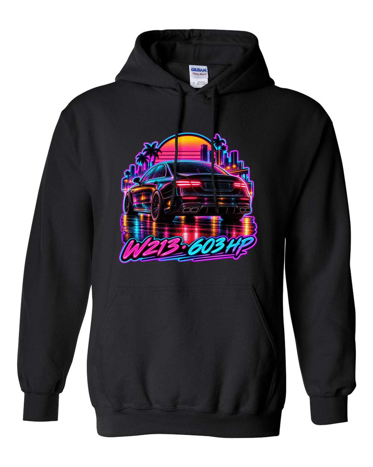 Synthwave wet road scene with a Mercedes E63 AMG W213 and 603 HP text black pull over hoodie front view with the design