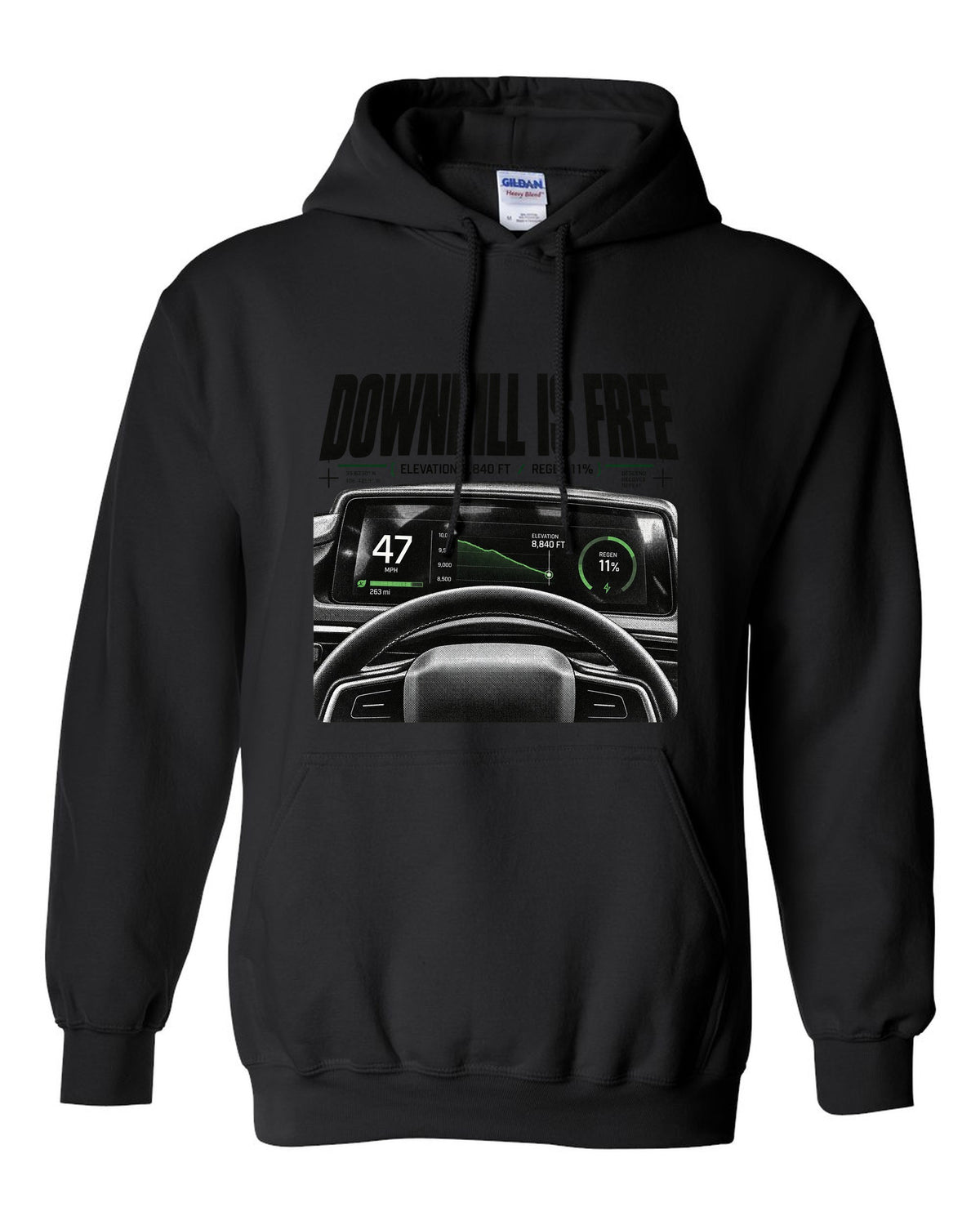 Rivian R1T 2022 cockpit gauge readout with downhill is free, elevation 8,840 ft and regen 11% black pull over hoodie front view with the design
