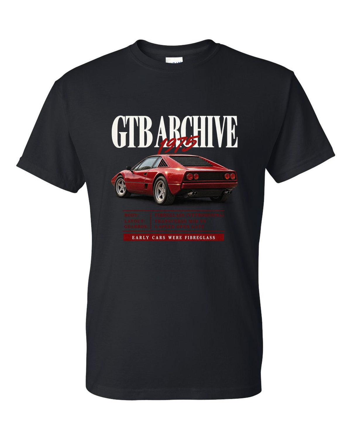 Ferrari 308 GTB 1975 archive panel print, early cars were fibreglass black t-shirt front view with the design