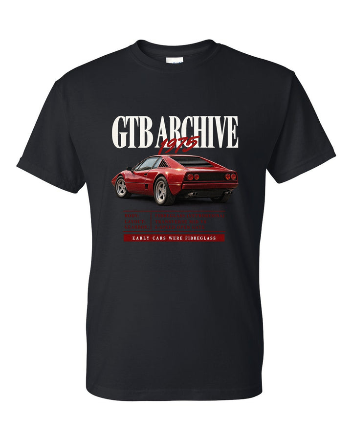 Ferrari 308 GTB 1975 archive panel print, early cars were fibreglass black t-shirt front view with the design
