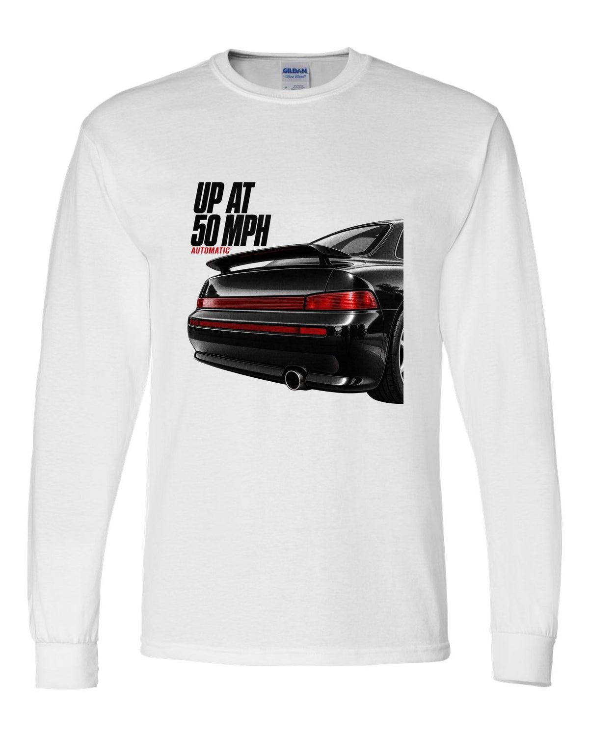 Detail macro print of the Porsche 911 Carrera 2 (964) rear spoiler with the caption Up At 50 MPH white long sleeve front view with the design
