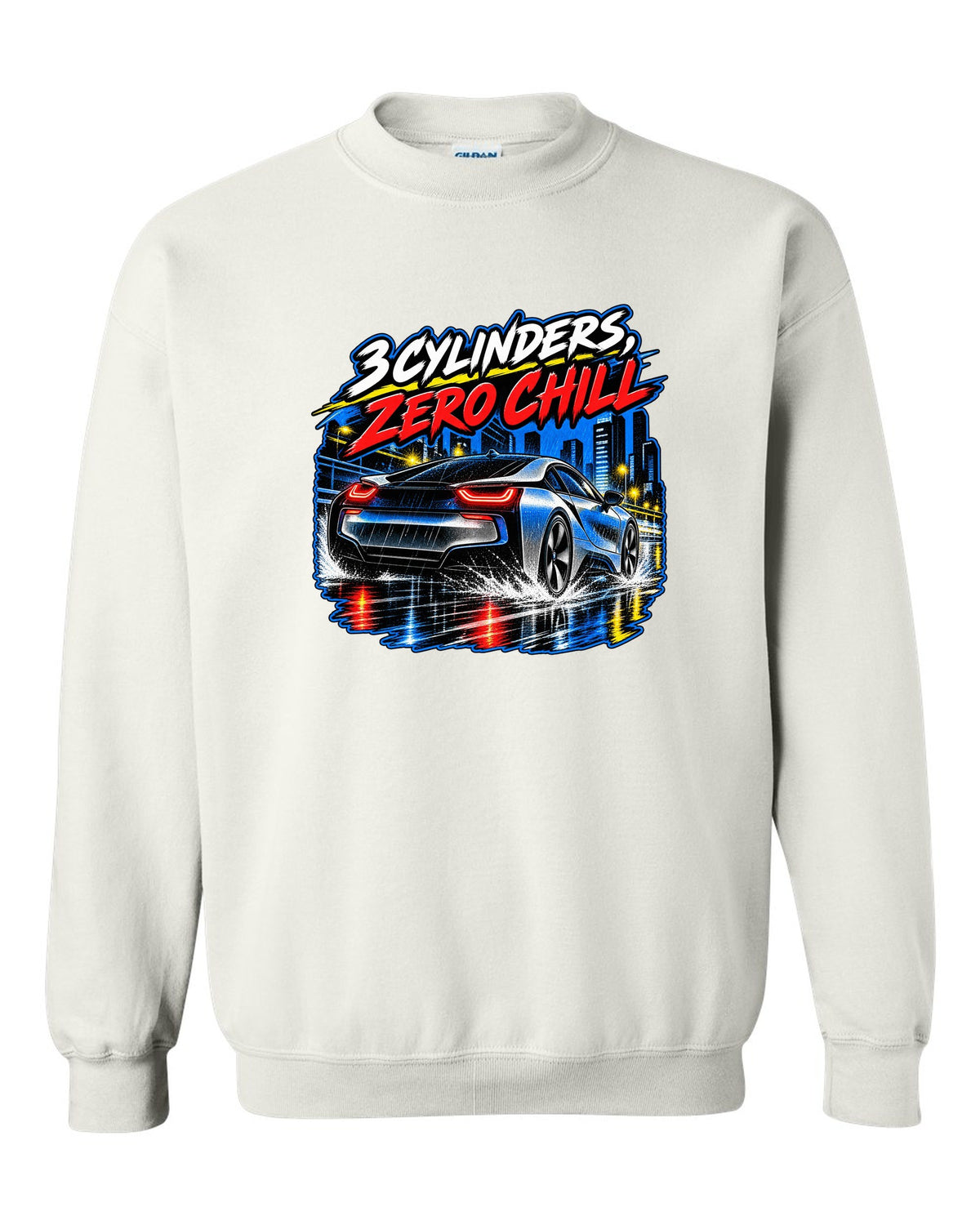 BMW i8 I12 retro manga halftone panel print with 3 cylinders zero chill text white crewneck front view with the design