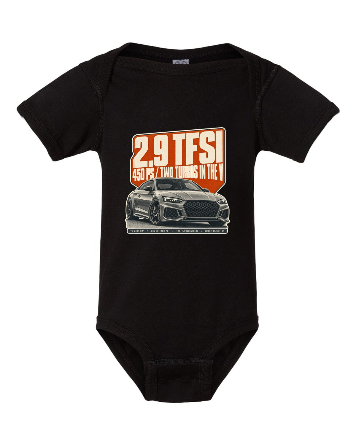 Halftone print of an Audi RS5 Coupe B9 with 2.9 TFSI and 450 PS text black baby onesie front view with the design