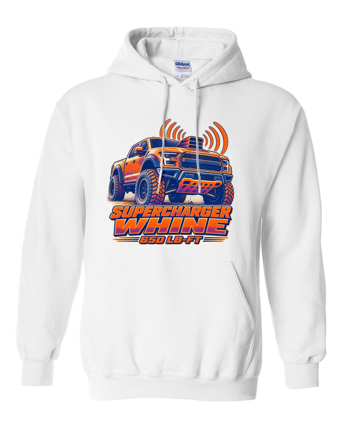 Halftone risograph print of a Ram 1500 TRX hood scoop with supercharger whine text white pull over hoodie front view with the design