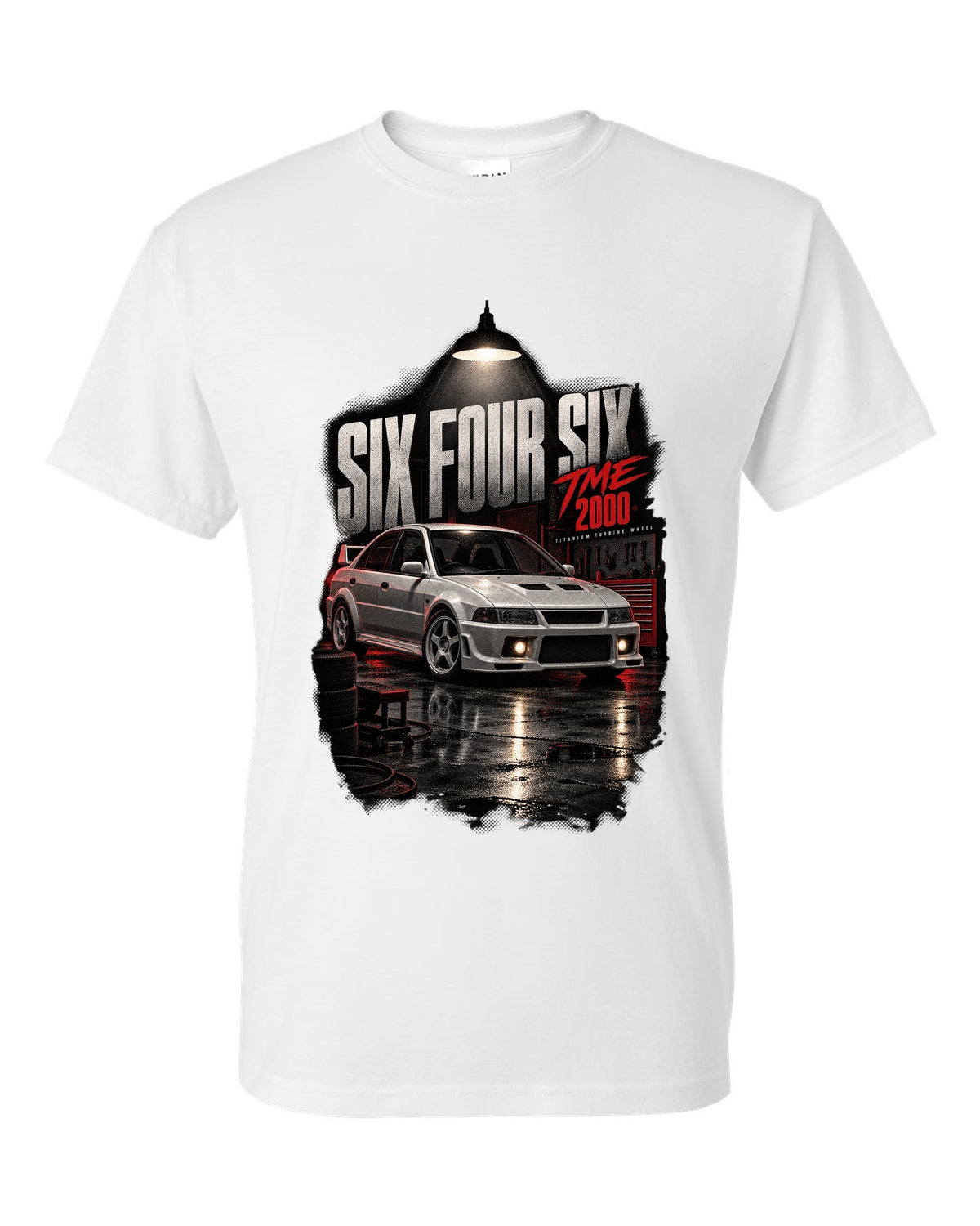 Garage night print for the Mitsubishi Lancer Evolution VI TME CP9A reading Six Four Six, titanium turbine wheel, 2000 white t-shirt front view with the design