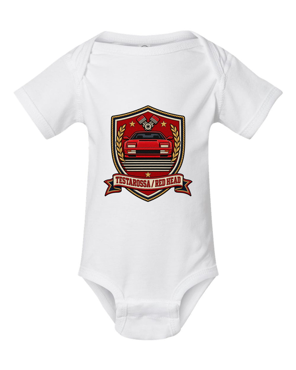 Shield crest layout for the 1984 Ferrari Testarossa with red head text white baby onesie front view with the design