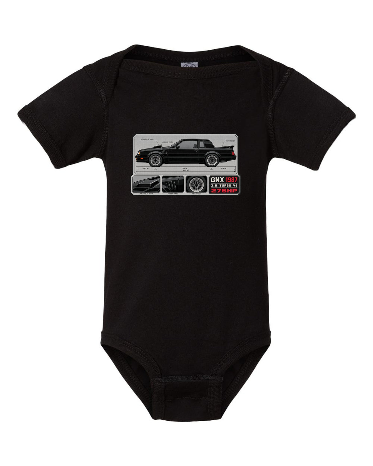 1987 Buick GNX datasheet spec layout with 3.8 turbo V6 and 276HP text black baby onesie front view with the design
