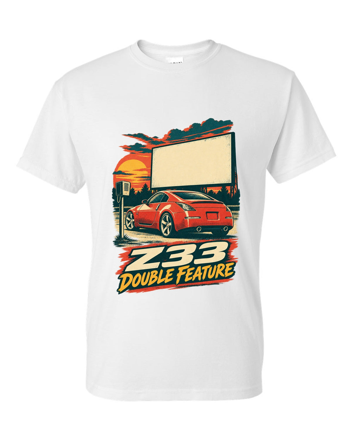 Vintage lithograph race poster print of a Nissan 350Z Z33 at a drive-in white t-shirt front view with the design