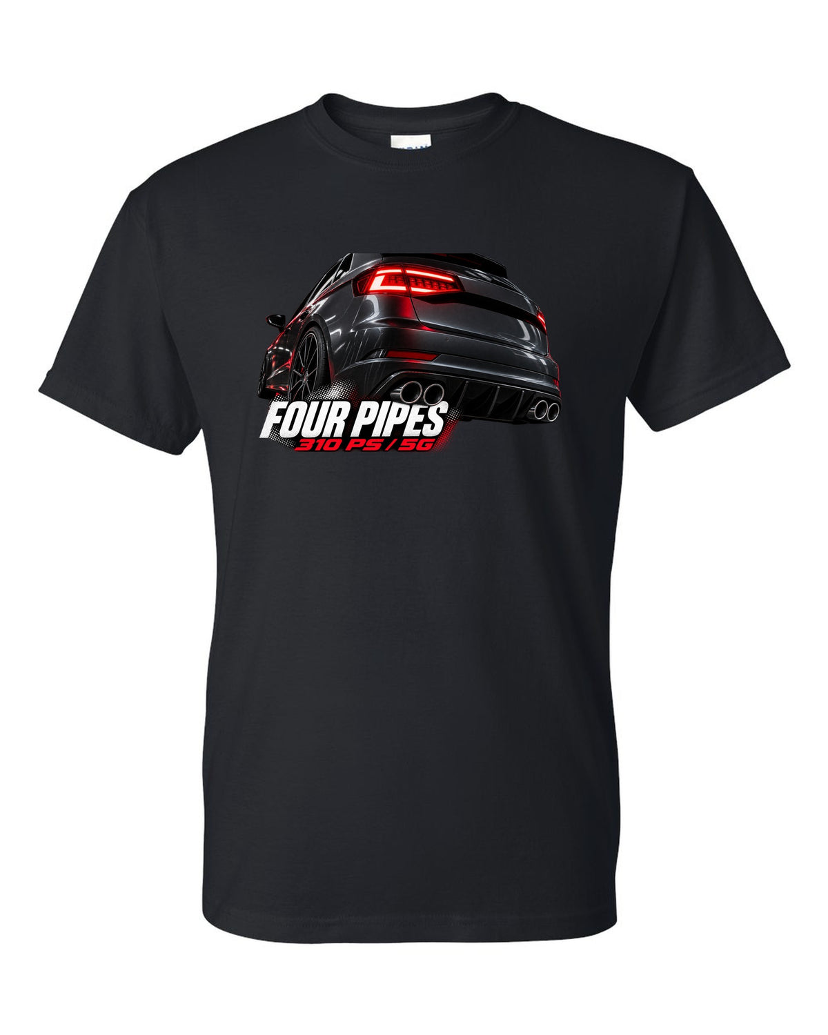 print macro of a VW Golf R Mk7.5 rear taillight and four exhaust pipes with 310 PS text black t-shirt front view with the design