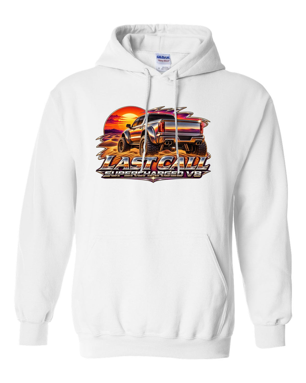 80s chrome airbrush print of a 2024 Ram 1500 TRX Final Edition on a dune with last call supercharged V8 text white pull over hoodie front view with the design