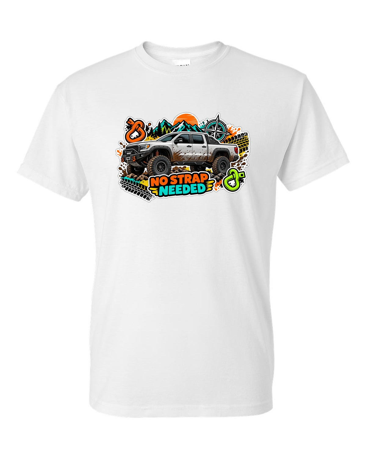 Sticker bomb collage print of a Ram Power Wagon 2500 4x4 with No Strap Needed text white t-shirt front view with the design