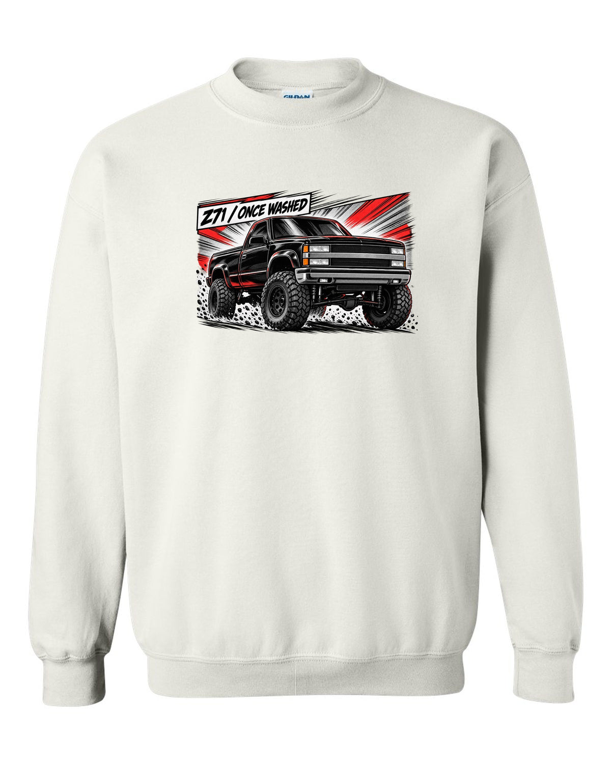 Retro manga halftone panel print of a 1988-98 Chevrolet GMT400 K1500 Z71 OBS with Z71 once washed lettering white crewneck front view with the design