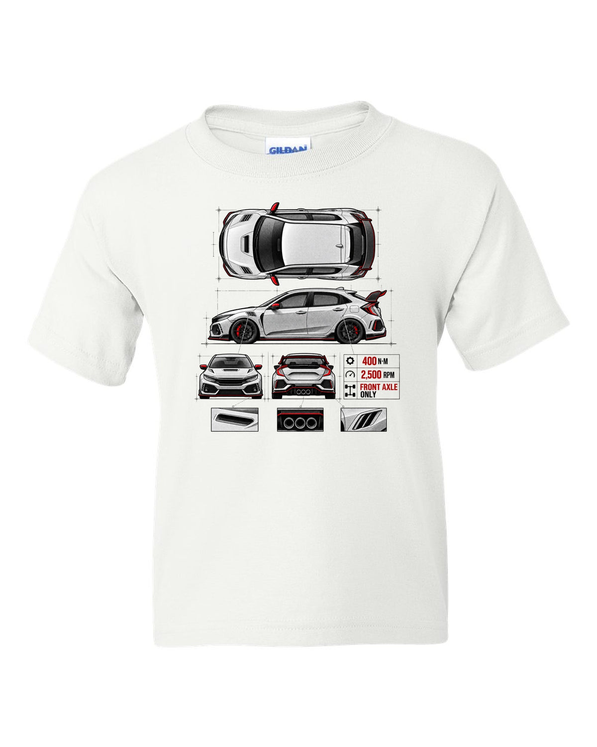 Spec poster print of a 2018 Honda Civic FK8 chback with torque figures white kids tee front view with the design