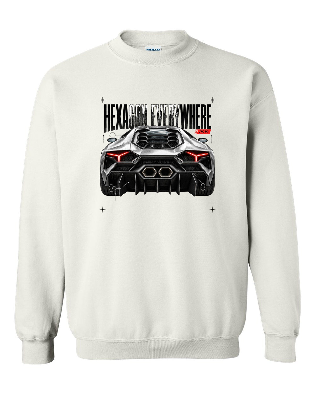Detail macro print of a Lamborghini Huracan Evo LP640-4 with Hexagon Everywhere text white crewneck front view with the design