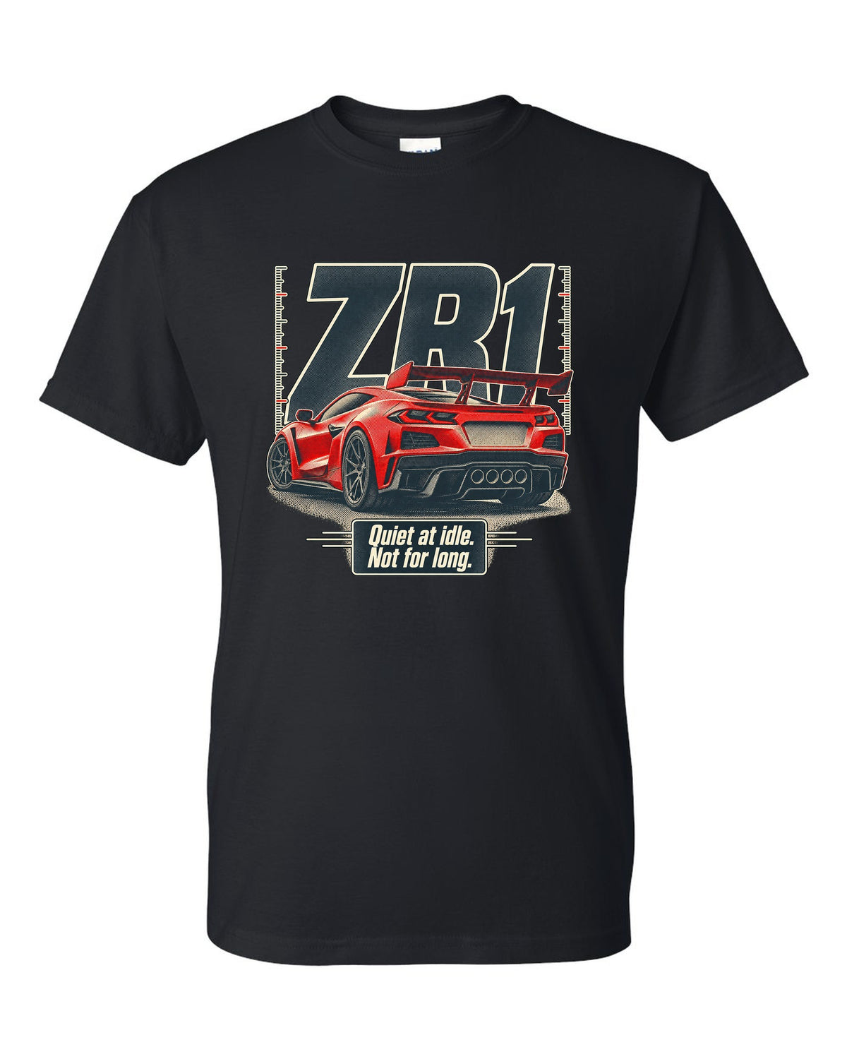 Halftone print of a Chevrolet Corvette C8 ZR1 with a quiet at idle statement black t-shirt front view with the design
