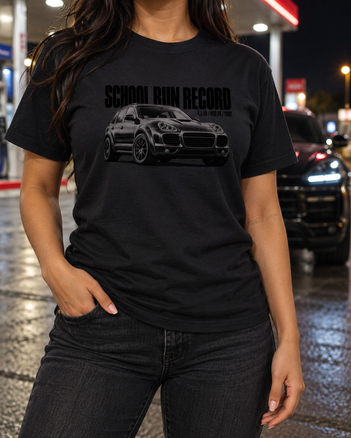 Porsche Cayenne Turbo 955 School Run Record Halftone Shirt T-Shirt Black worn hero