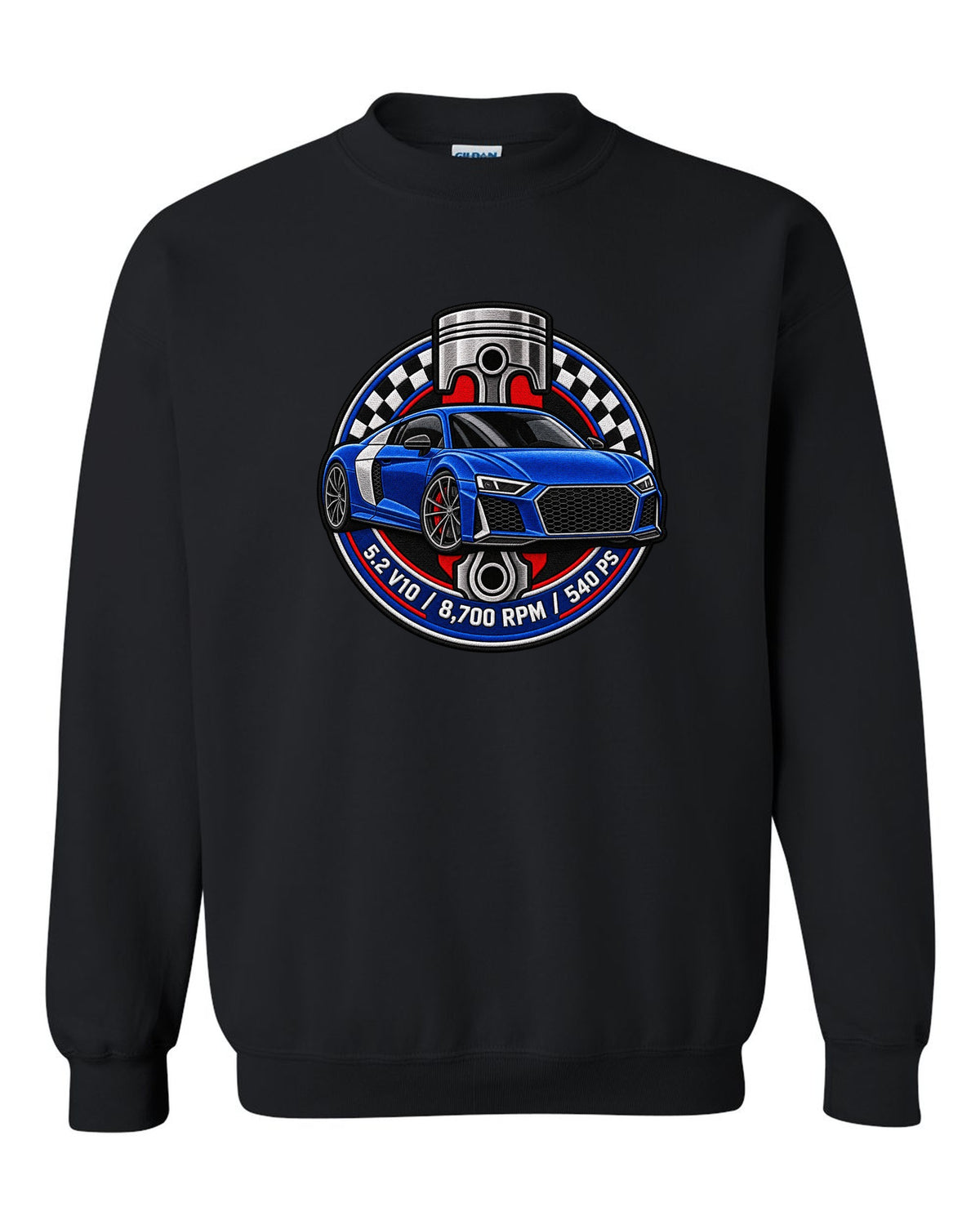 Varsity badge crest print of an Audi R8 4S with 5.2 V10 and 540 PS text black crewneck front view with the design