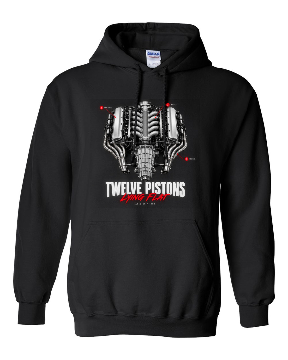 Engine callout print of the Ferrari 512 TR and F512 M flat-12 with the text Twelve Pistons Lying Flat black pull over hoodie front view with the design