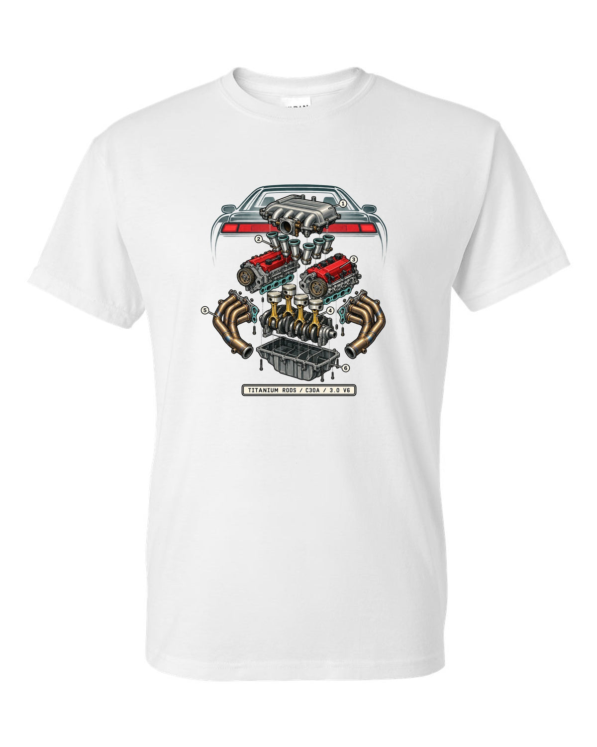 Isometric engine schematic print for the Honda NSX NA1 C30A with titanium rods text white t-shirt front view with the design