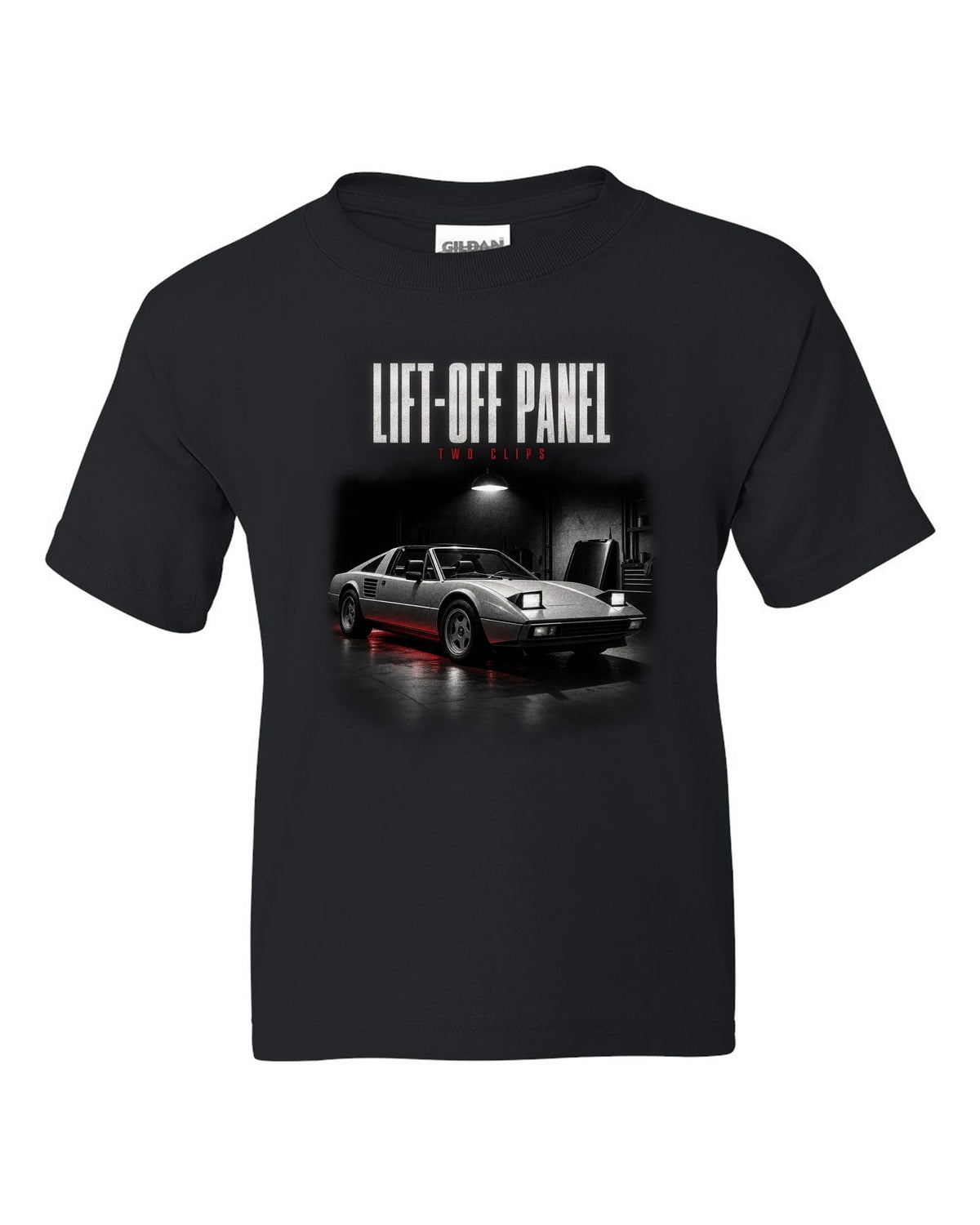 Ferrari 308 GTS 1977 targa garage night print, lift-off panel, two clips black kids tee front view with the design