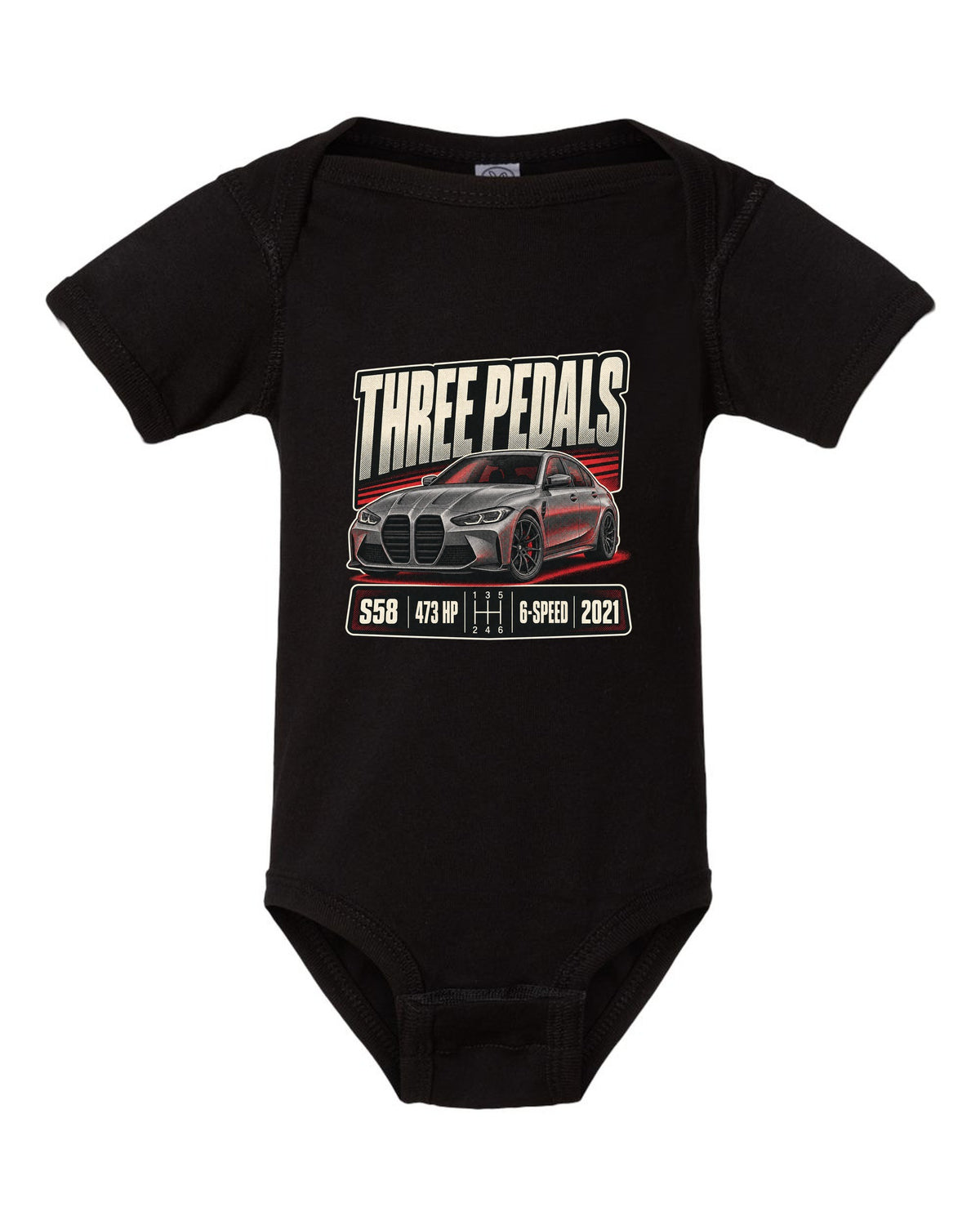 BMW M3 G80 six-speed manual halftone print with three pedals text black baby onesie front view with the design