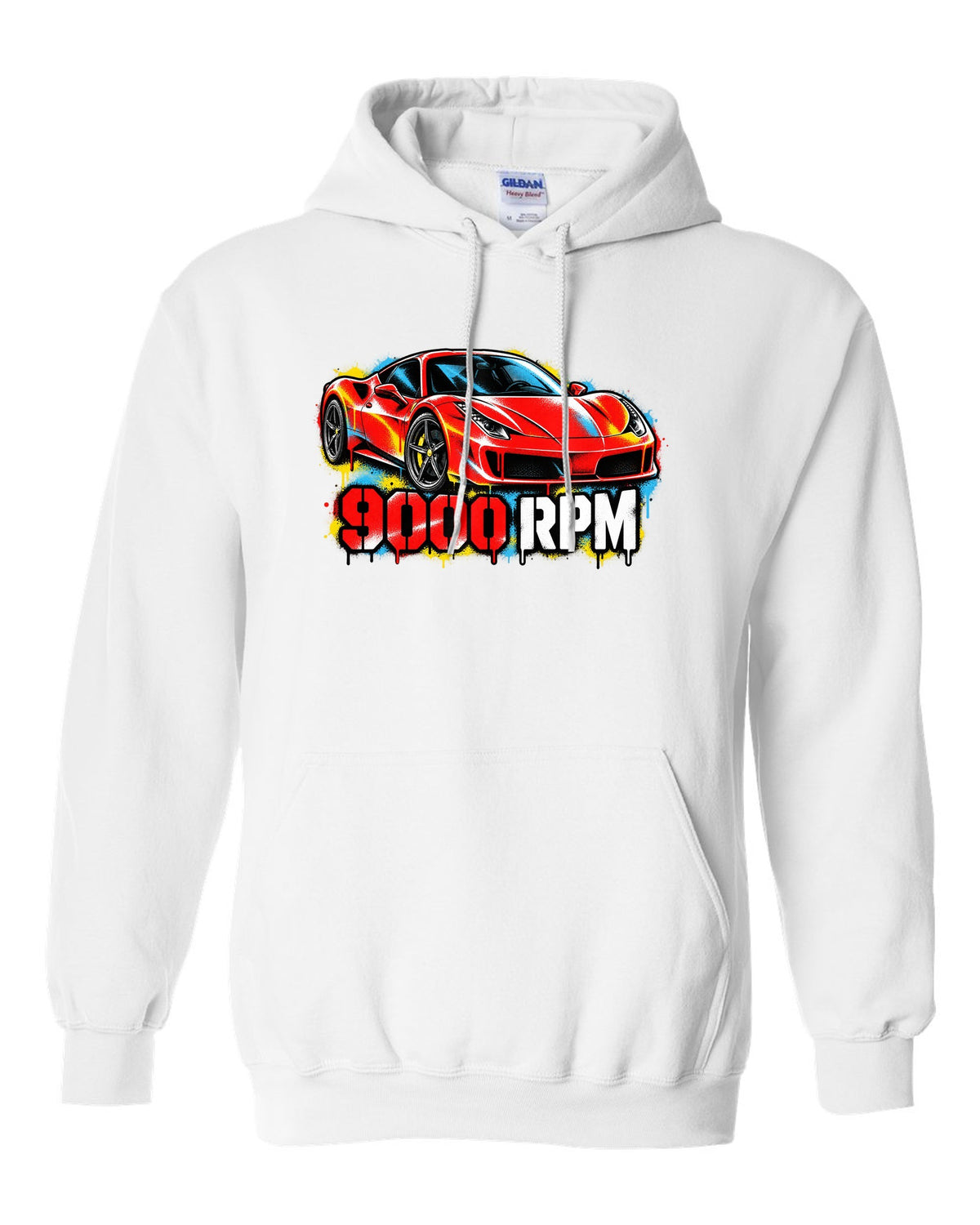 Stencil spray street art of the Ferrari 458 Italia with 9000 RPM text white pull over hoodie front view with the design