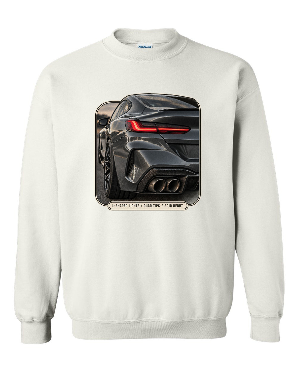 BMW M8 Competition F92 taillight detail macro print on a tee white crewneck front view with the design