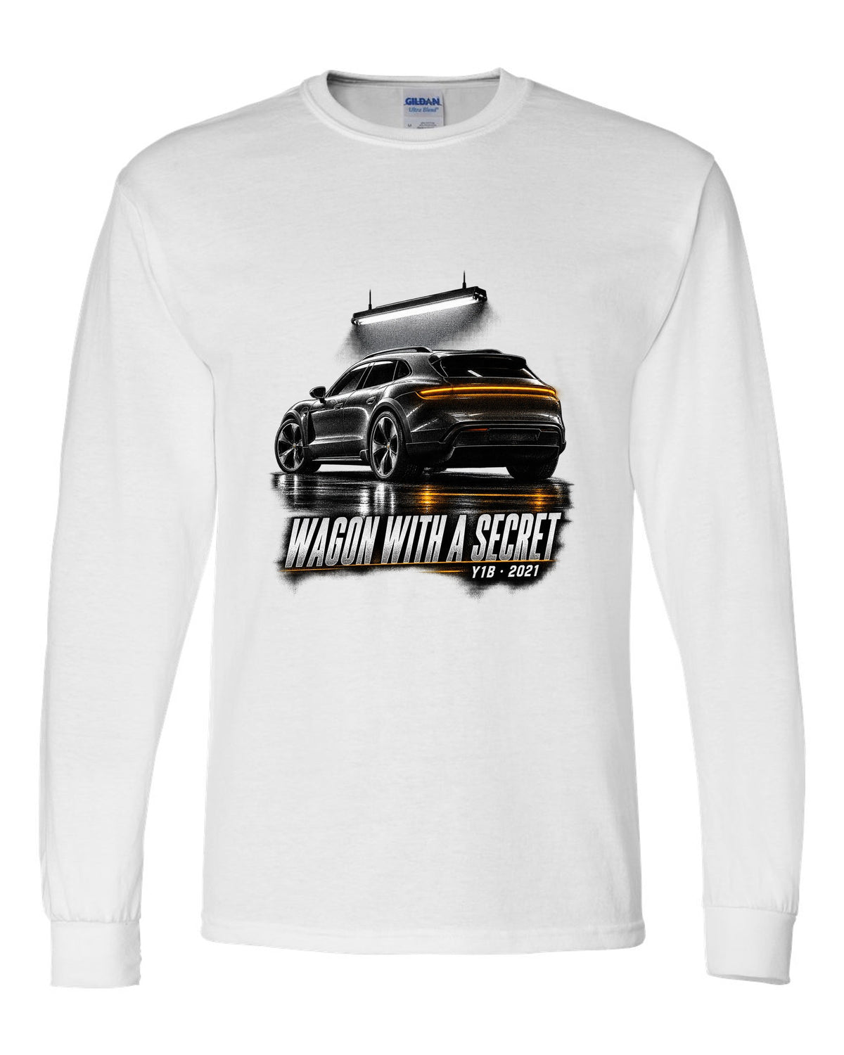 Porsche Taycan Cross Turismo Y1B in a dark garage, print design white long sleeve front view with the design