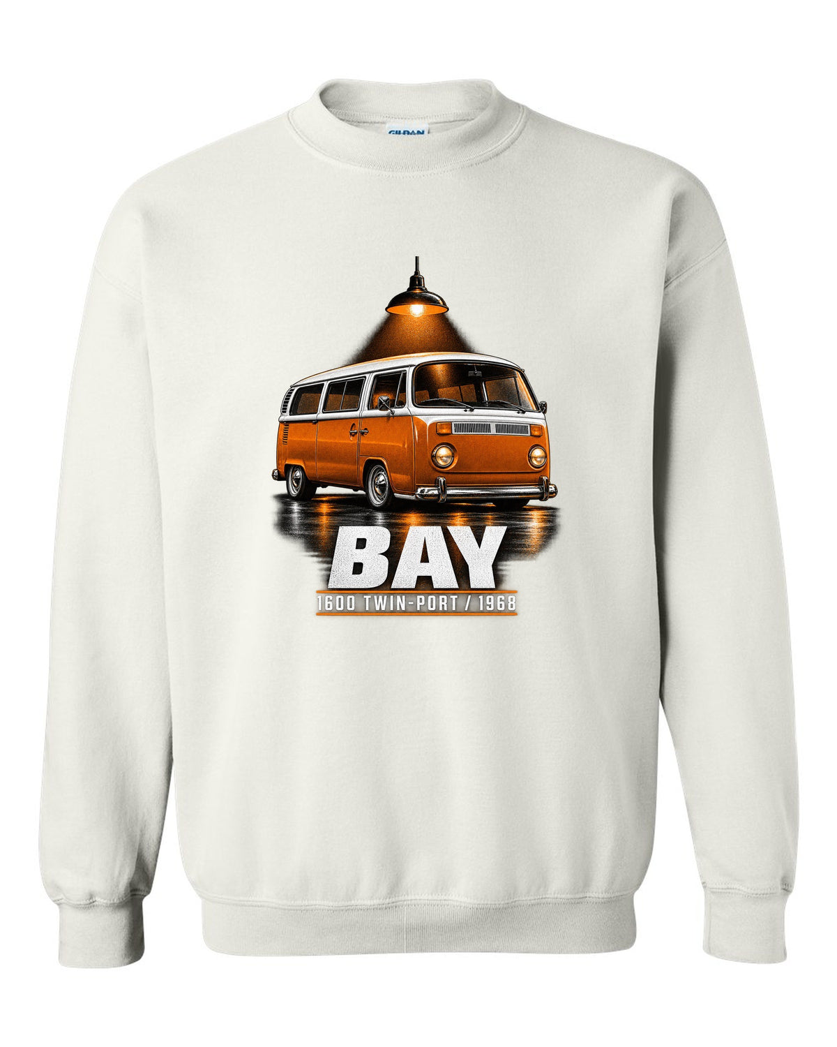 Garage night print of a 1968 VW T2 bay-window Type 2 bus white crewneck front view with the design
