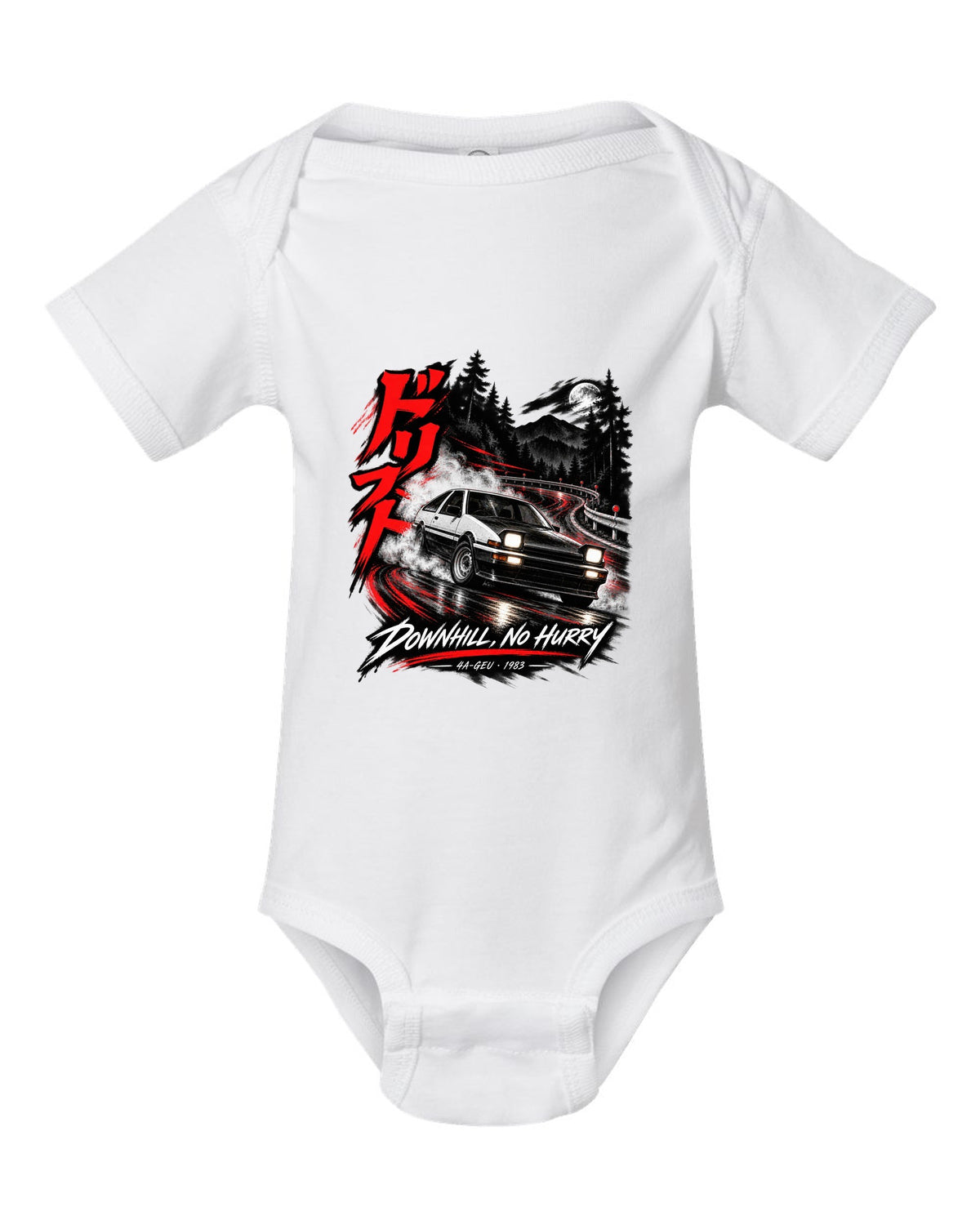 Touge night print of a Toyota Sprinter Trueno AE86 zenki with drift kanji and Downhill No Hurry text white baby onesie front view with the design