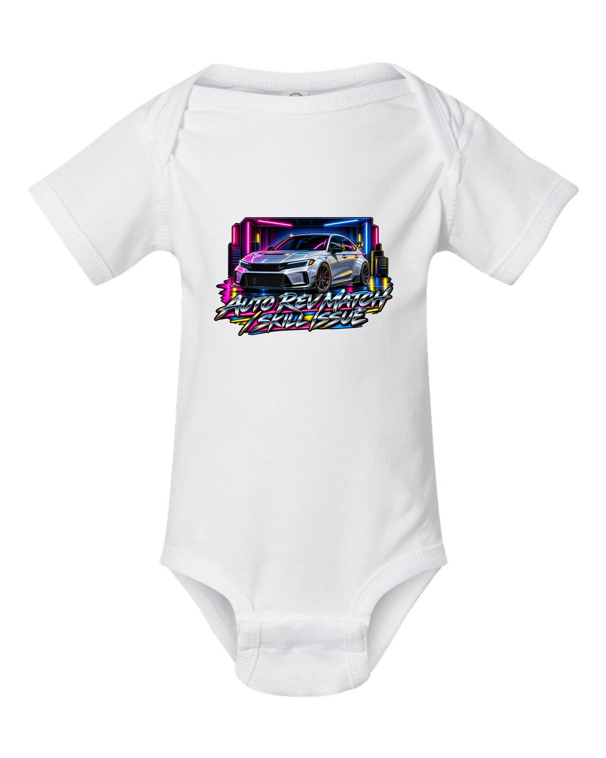 80s airbrush poster style print of a 2023 Honda Civic FL5 ch with auto rev match text white baby onesie front view with the design