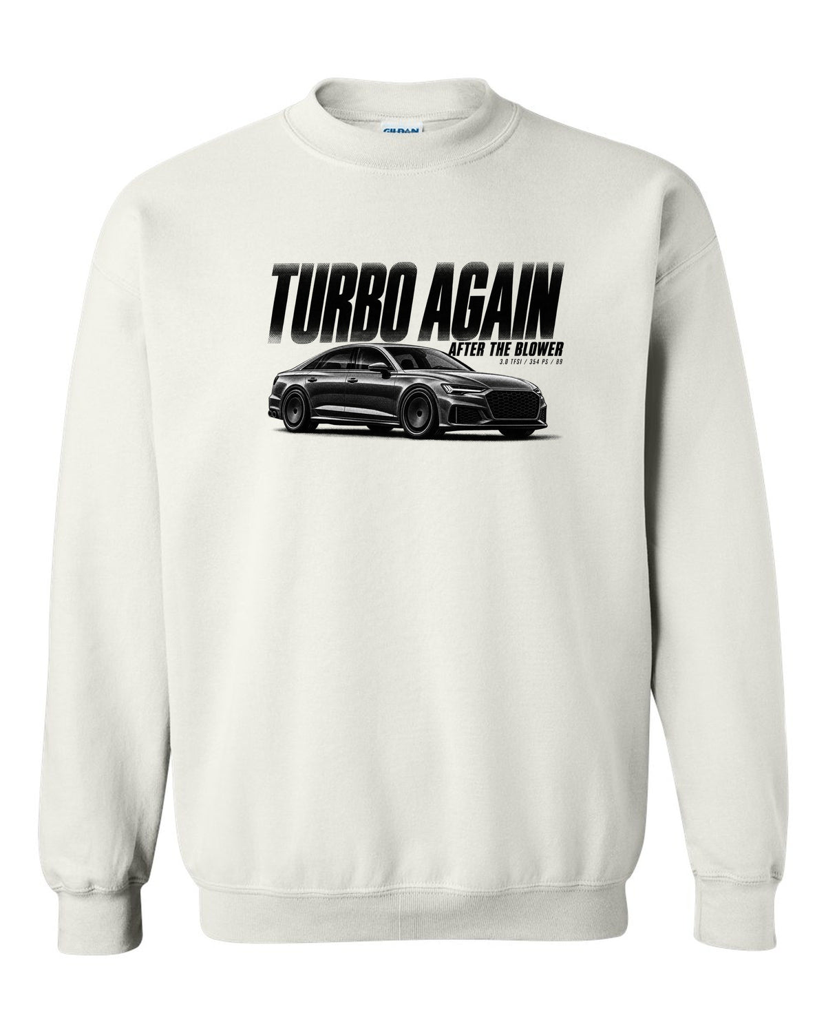 Audi S4 B9 Sedan Halftone Statement print white crewneck front view with the design