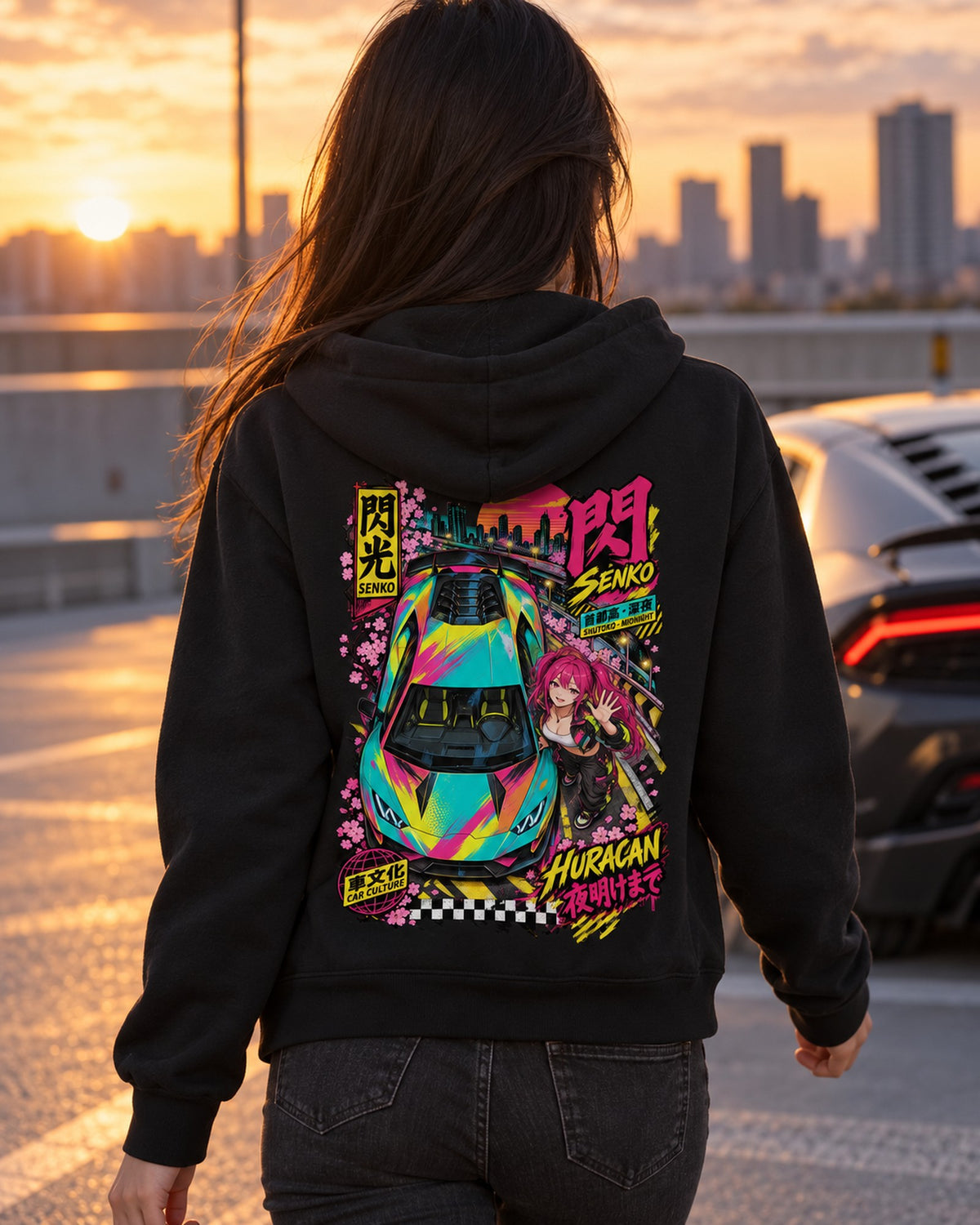 SENKO HURACAN Anime Girl Full-Back Graphic Tee Zip Hoodie Black worn hero