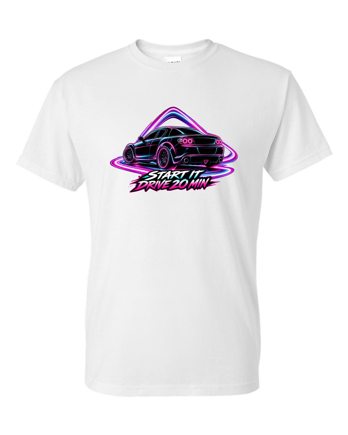 Neon outline light painting of a Mazda RX-8 SE3P with START IT / DRIVE 20 MIN lettering white t-shirt front view with the design