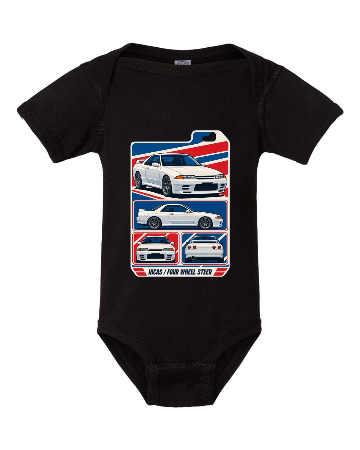 Varsity shield crest print for the Nissan Skyline GT-R R34 reading Allegedly 280 PS, Sure black baby onesie front view with the design