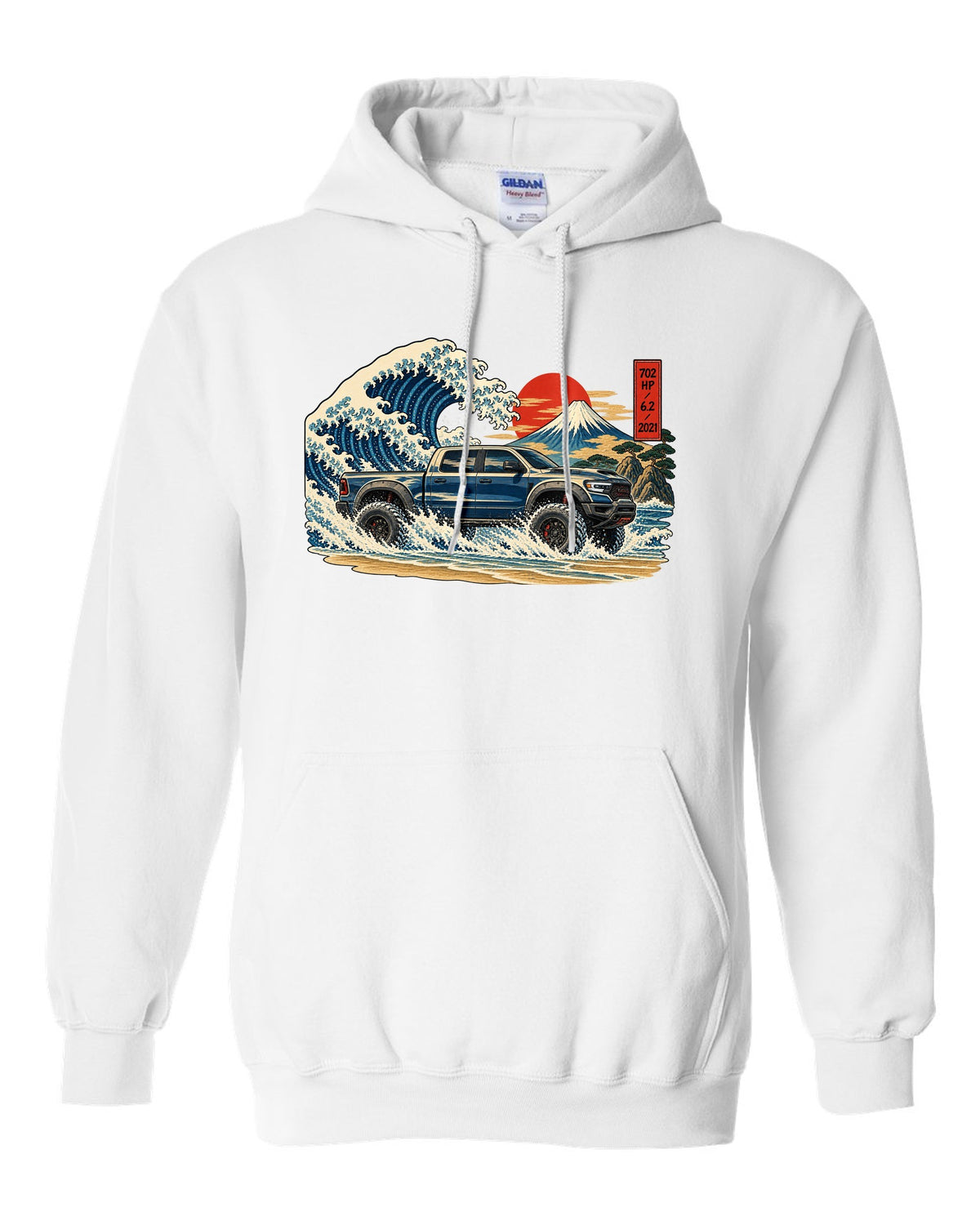Ukiyo-e great wave woodblock print of a 2021-2024 Ram 1500 TRX with 702 HP 6.2 2021 text white pull over hoodie front view with the design