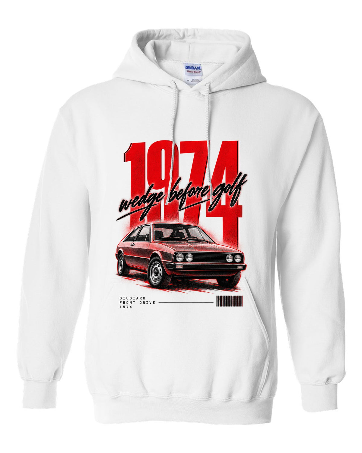 Street poster print of a VW Scirocco Mk1 front three-quarter with wedge before Golf 1974 text white pull over hoodie front view with the design