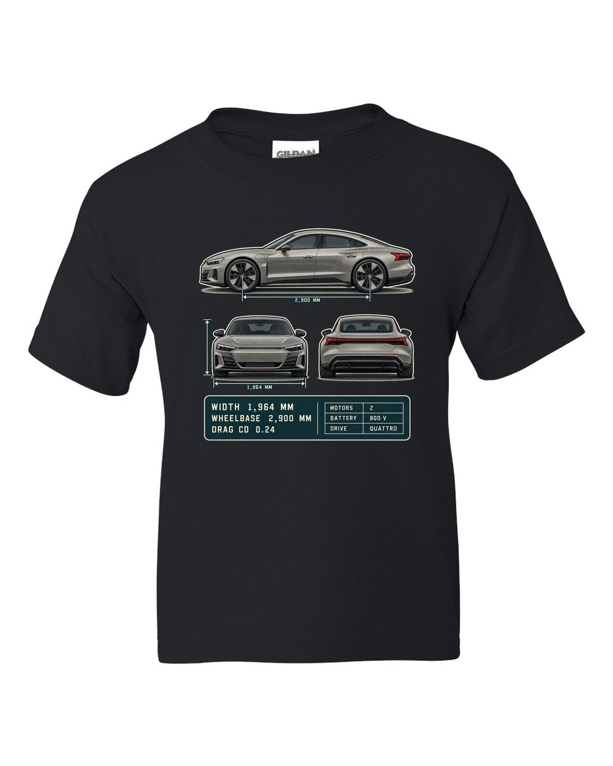 Audi RS e-tron GT Three-View Spec Table Tee, Cd 0.24 Car black kids tee front view with the design