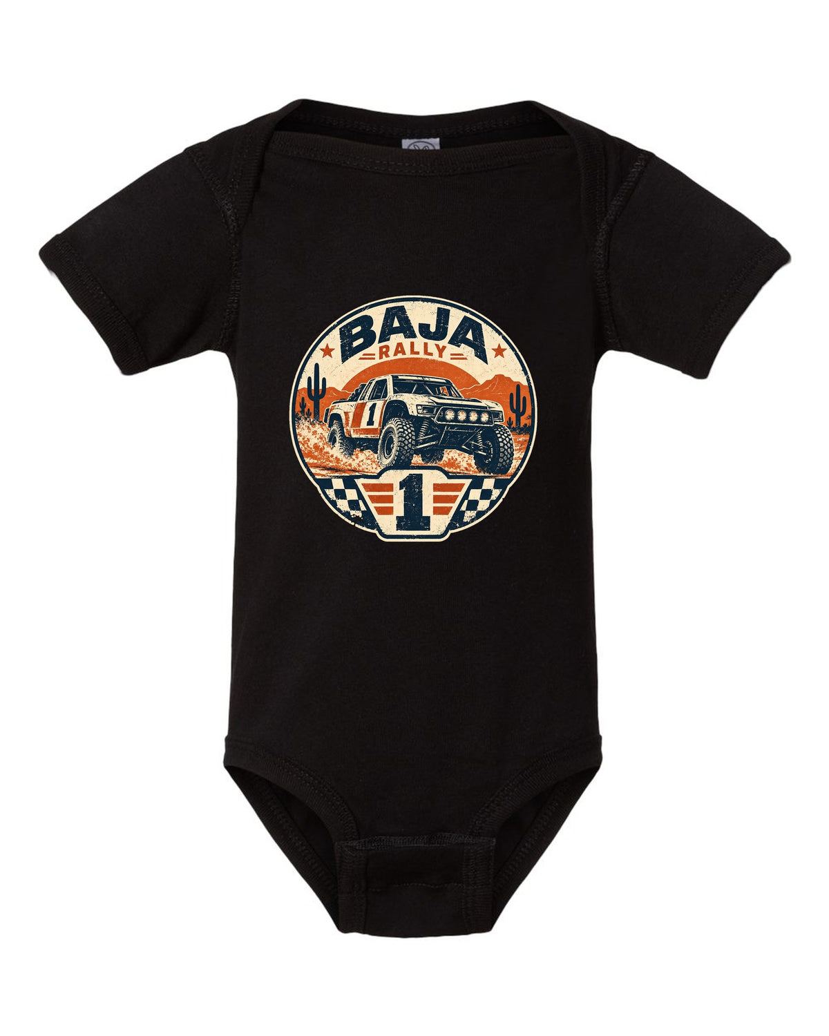 Stencil street-art of a 2022 Ford Bronco off-road race truck with 15 PSI AIRED DOWN lettering black baby onesie front view with the design