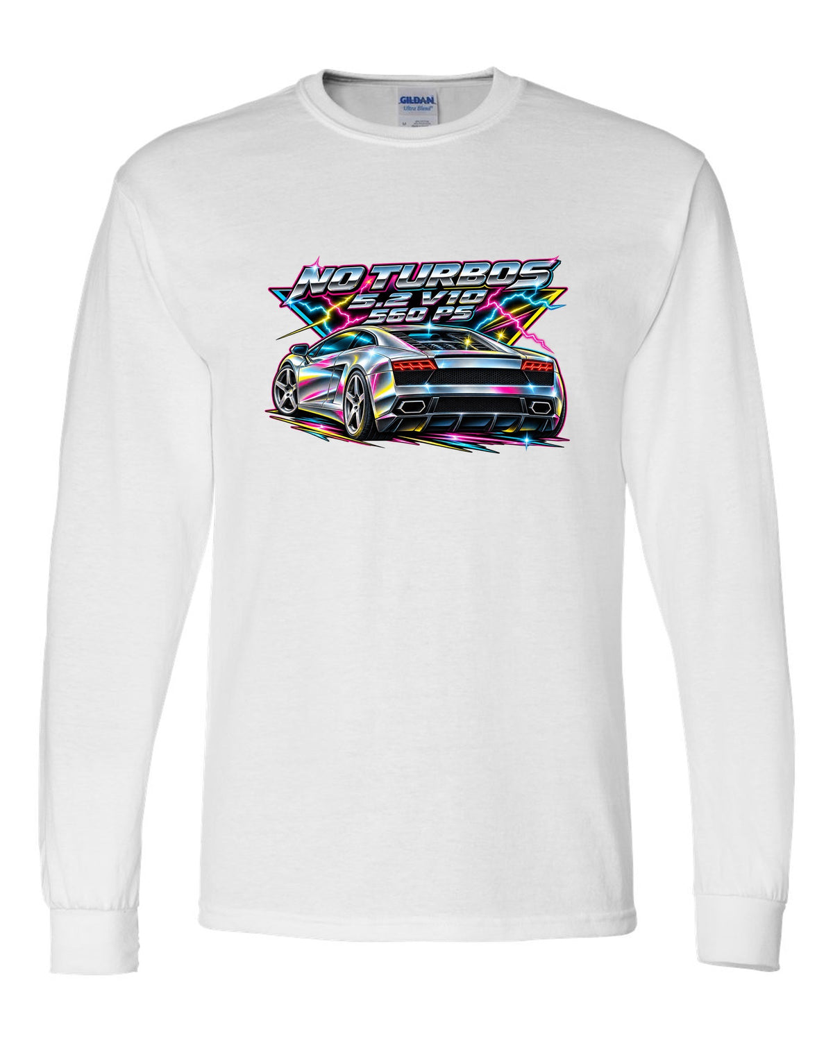 80s airbrush chrome Lamborghini Gallardo LP560-4 with the text NO TURBOS / 5.2 V10 / 560 PS white long sleeve front view with the design