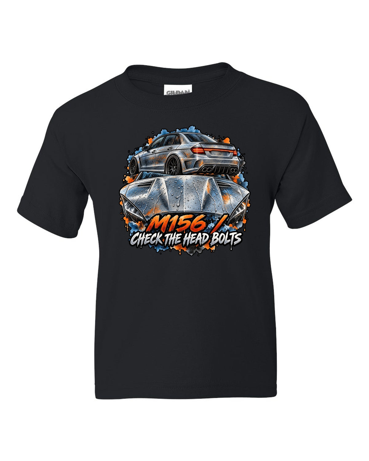 Technical blueprint line art of a cross-drilled brake and Mercedes C63 AMG W204 black kids tee front view with the design