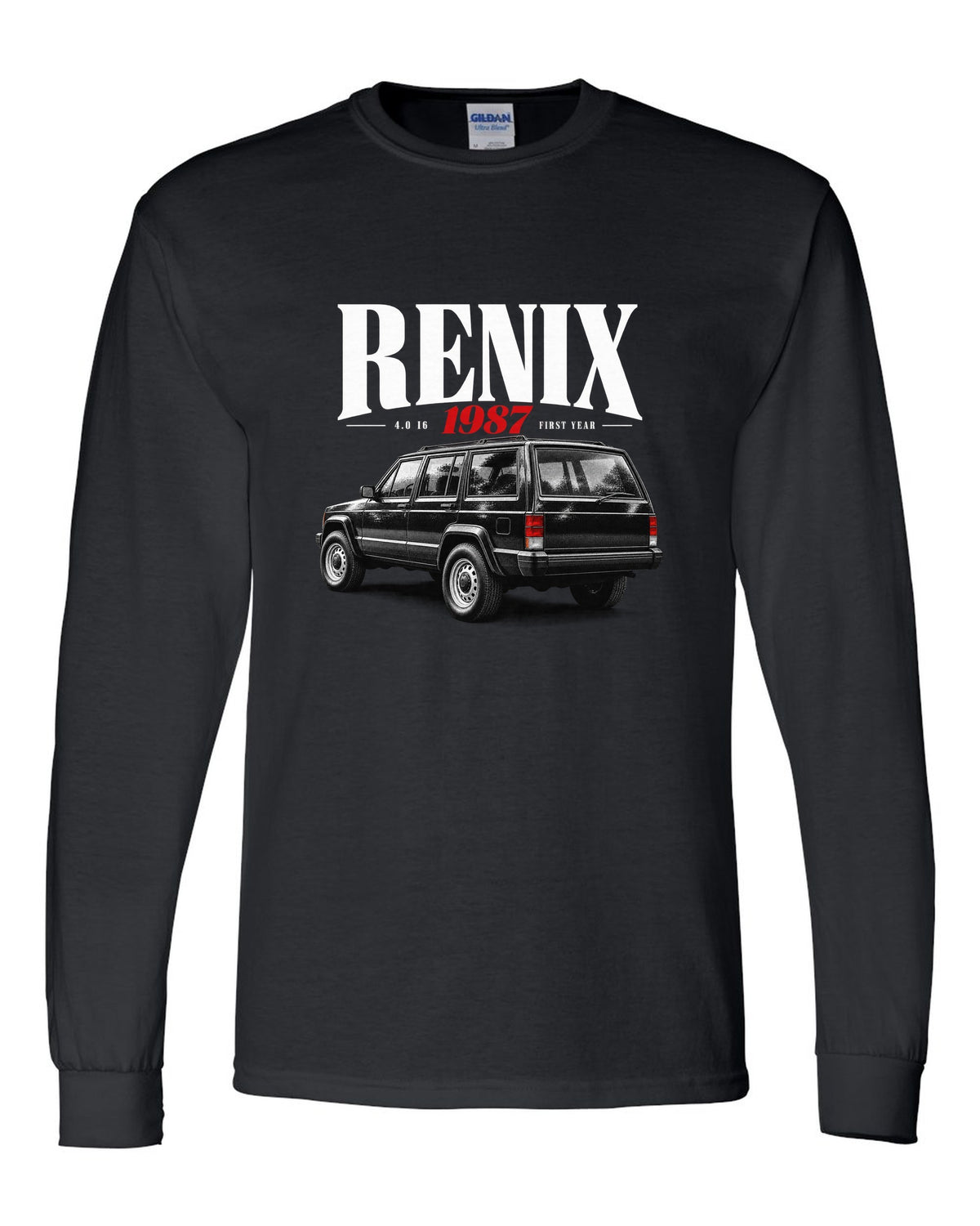 Jeep Cherokee XJ editorial headline print about the 1987 Renix 4.0 I6 black long sleeve front view with the design