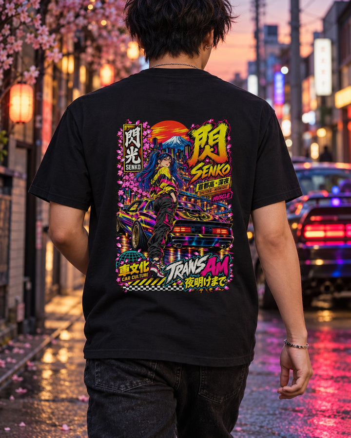 SENKO TRANS AM Anime Girl Full-Back Graphic Tee T-Shirt Black worn hero