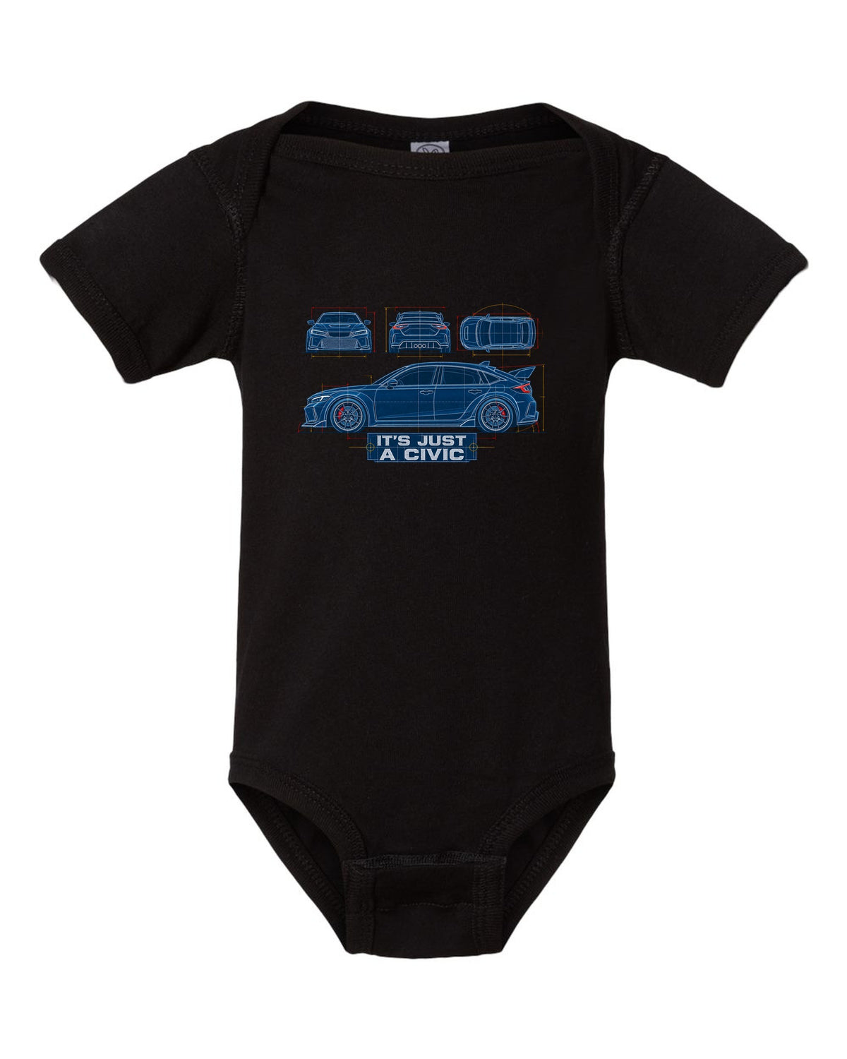 Cyanotype blueprint print of a 2023 Honda Civic FL5 ch with it's just a Civic text black baby onesie front view with the design