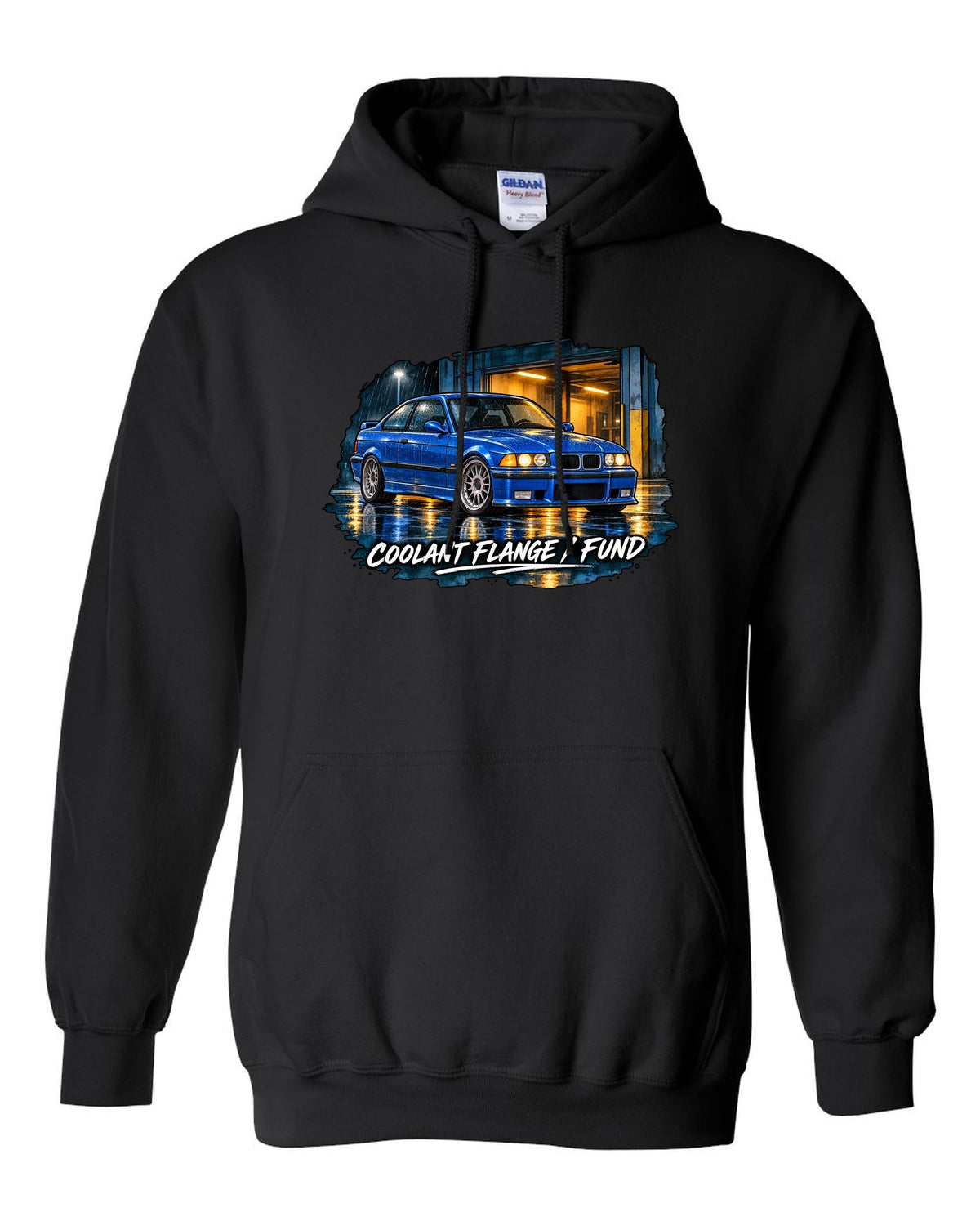 Comic halftone pop-art burnout of a BMW E36 M3 coupe with rear tyres subscription text black pull over hoodie front view with the design